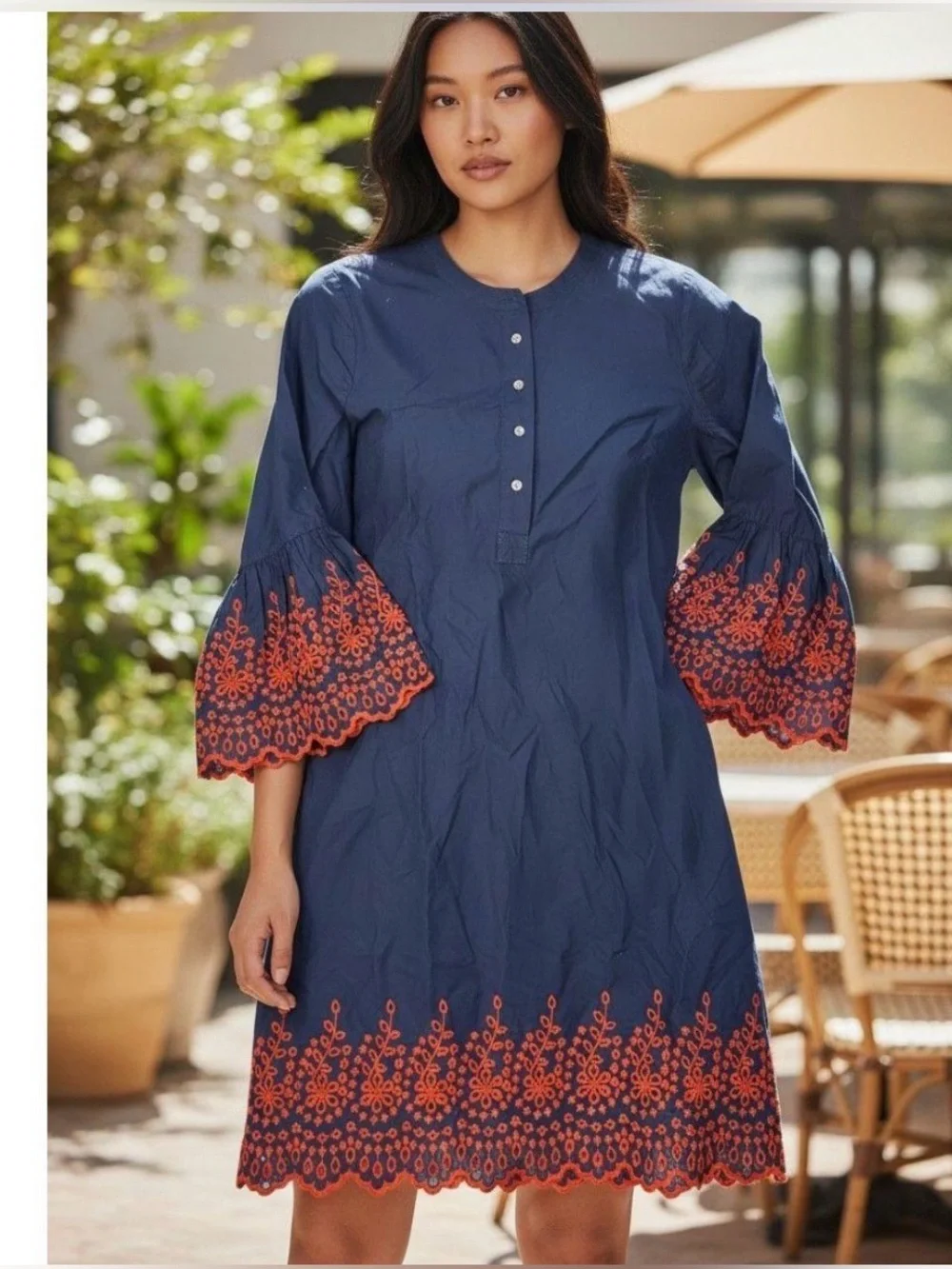 J. Crew Midi Dress Medium Embroidered Eyelet Bell Long Sleeve Navy Blue